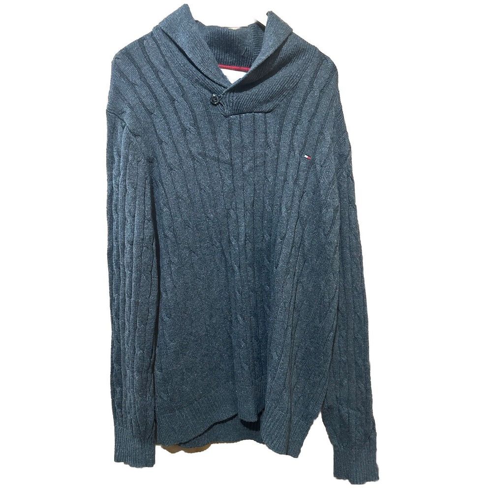 Tommy Hilfiger Gray Cable‎ Knit Shawl Collar Sweater Wool Blend Mens Logo 2XL